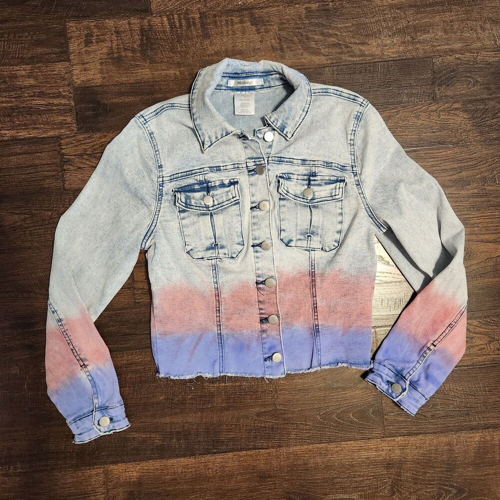 Massey's Acid Wash Cropped Ombre Pink Purple Raw Hem Jean Jacket Womens Sz Small